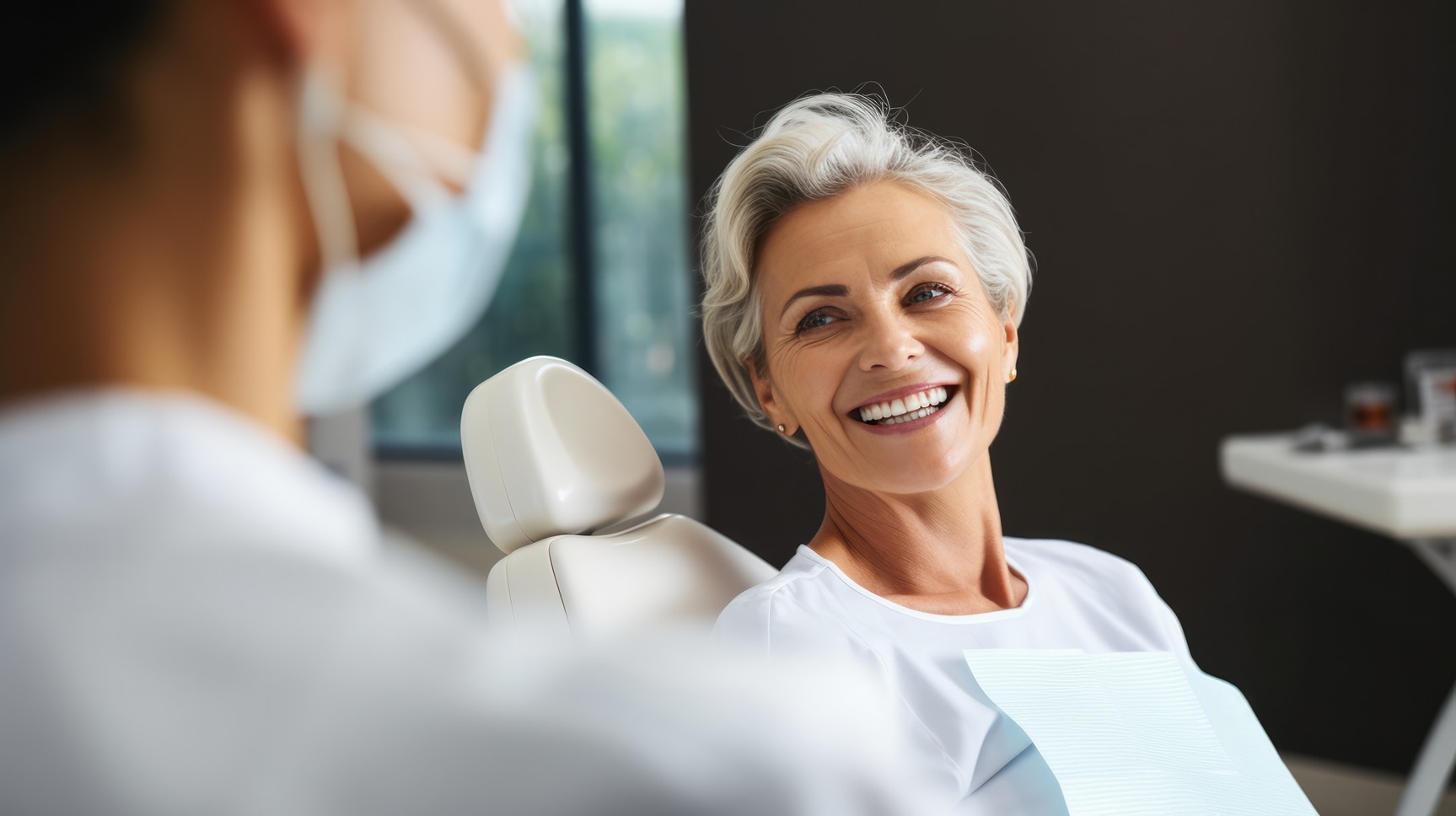Smiling senior patient seated comfortably during a dental visit.